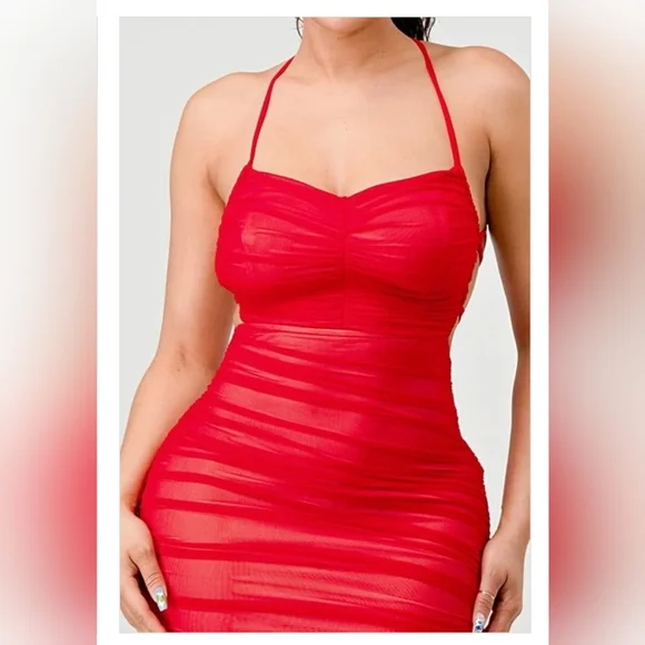 New, Mesh Ruched Maxi Dress in blk/nude with a drawstring lace-up back. - Picture 6 of 7